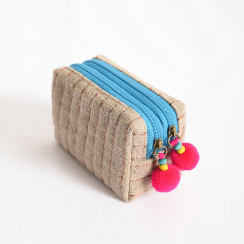 Small Rustic Linen Pouch with Double Pocket & Blue Zip – Boho Coin Purse