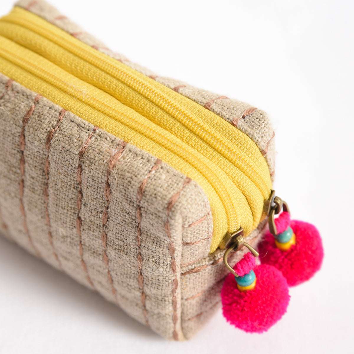 Small rustic natural linen pouch with double pocket &amp; yellow zipper with pink pompoms