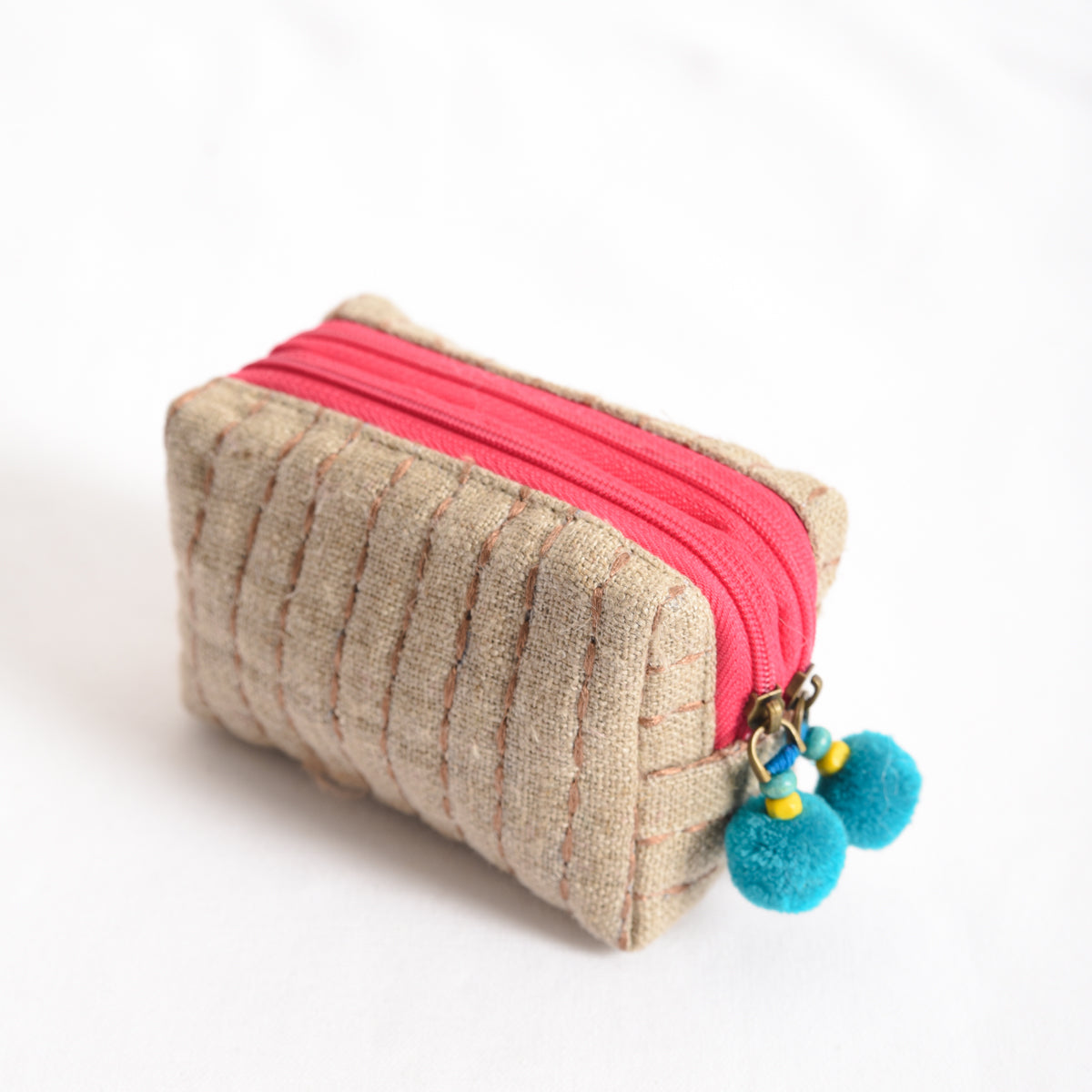 Small rustic natural linen pouch with double pocket &amp; pink zipper with blue pompoms