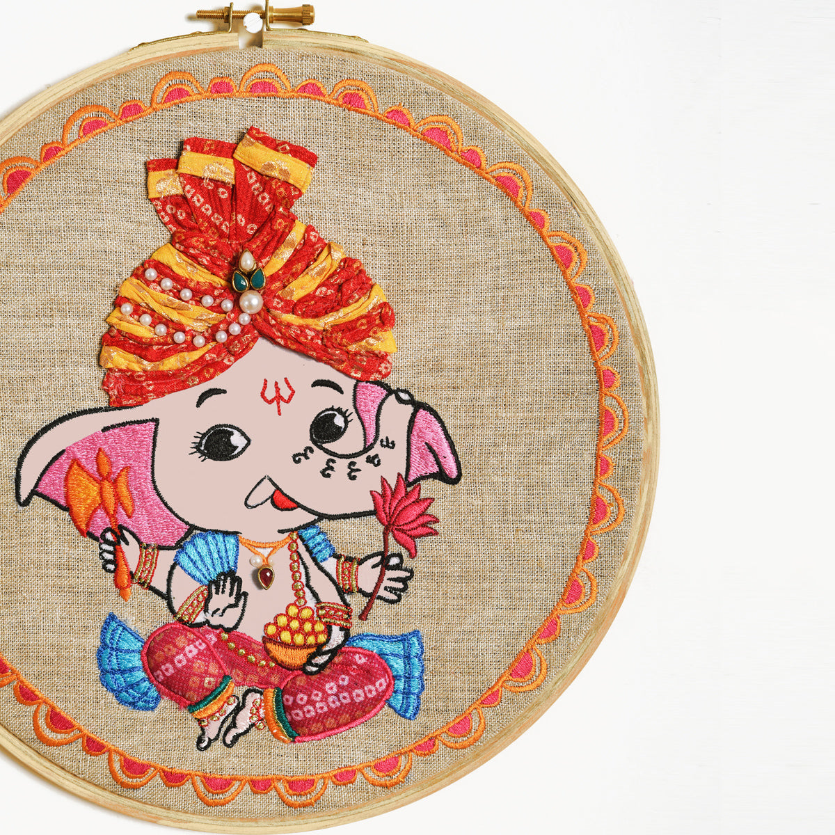 BABY GANESHA WALL ART - Embroidery & appliqued on Hoop or wooden frame.