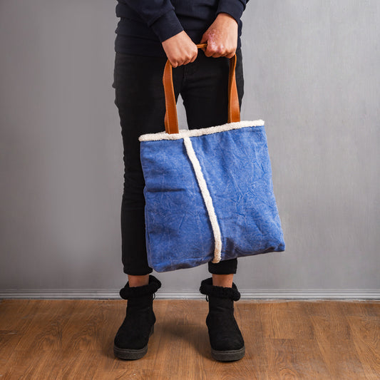 Tote bag - denim blue stonewashed canvas with leather handles