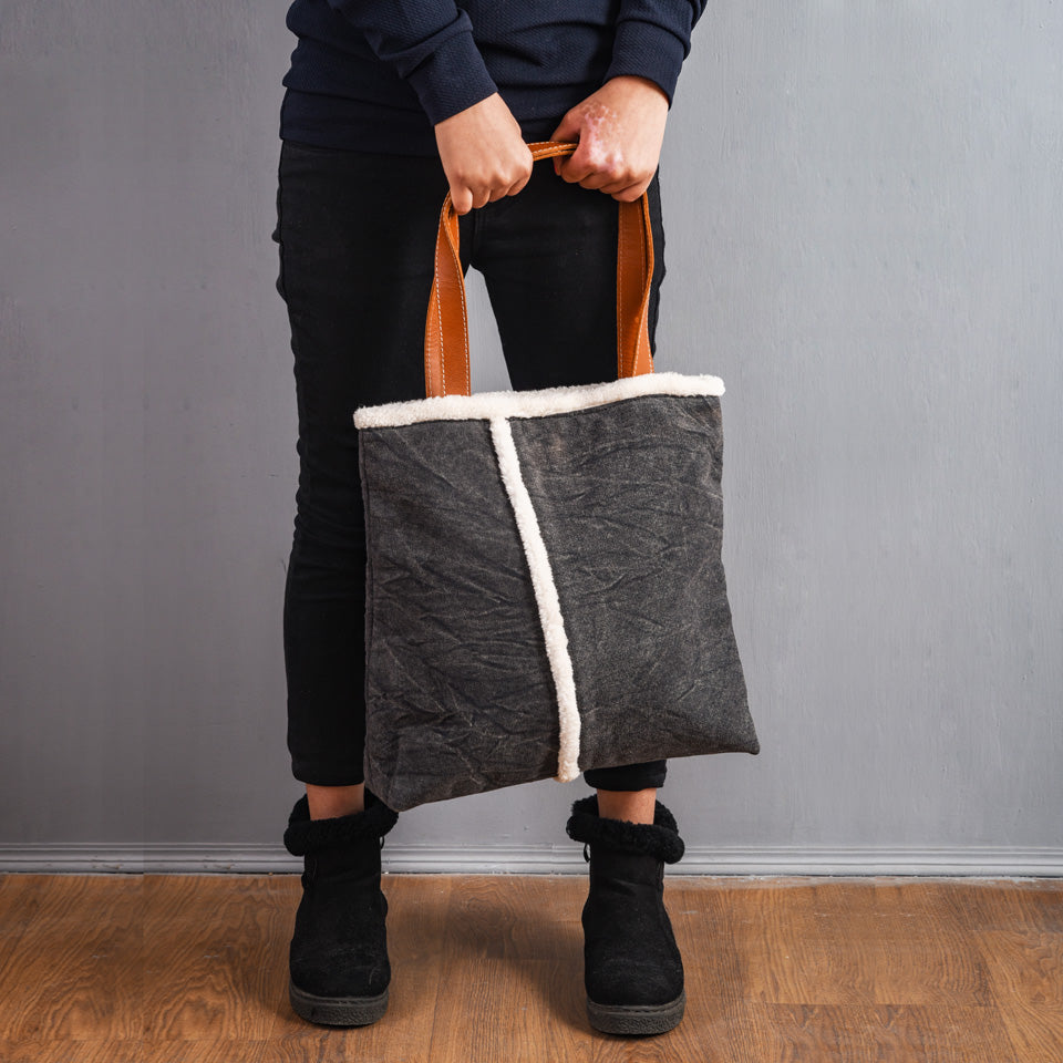 Tote bag - charcoal stonewashed canvas with leather handles