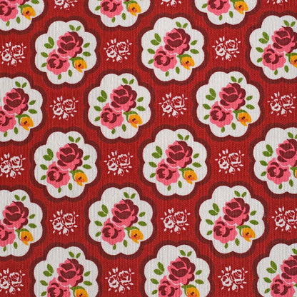 Red printed fabric, rose pattern, shabby chic, vintage rose print