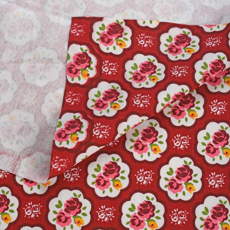 Red printed fabric, rose pattern, shabby chic, vintage rose print