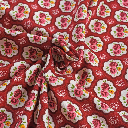 Red printed fabric, rose pattern, shabby chic, vintage rose print