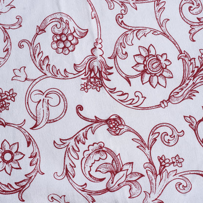Red printed fabric, swirl pattern, Victorian pattern.