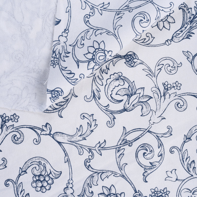 Blue printed fabric, swirl pattern, Victorian pattern.