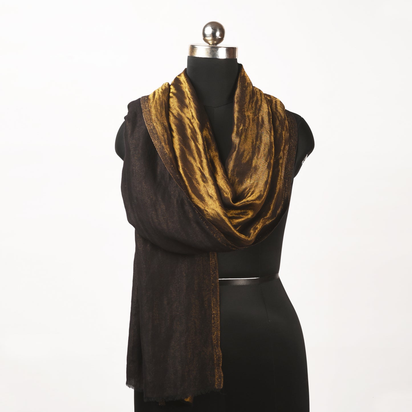 Black and gold fine wool and zari scarf, reversible stole