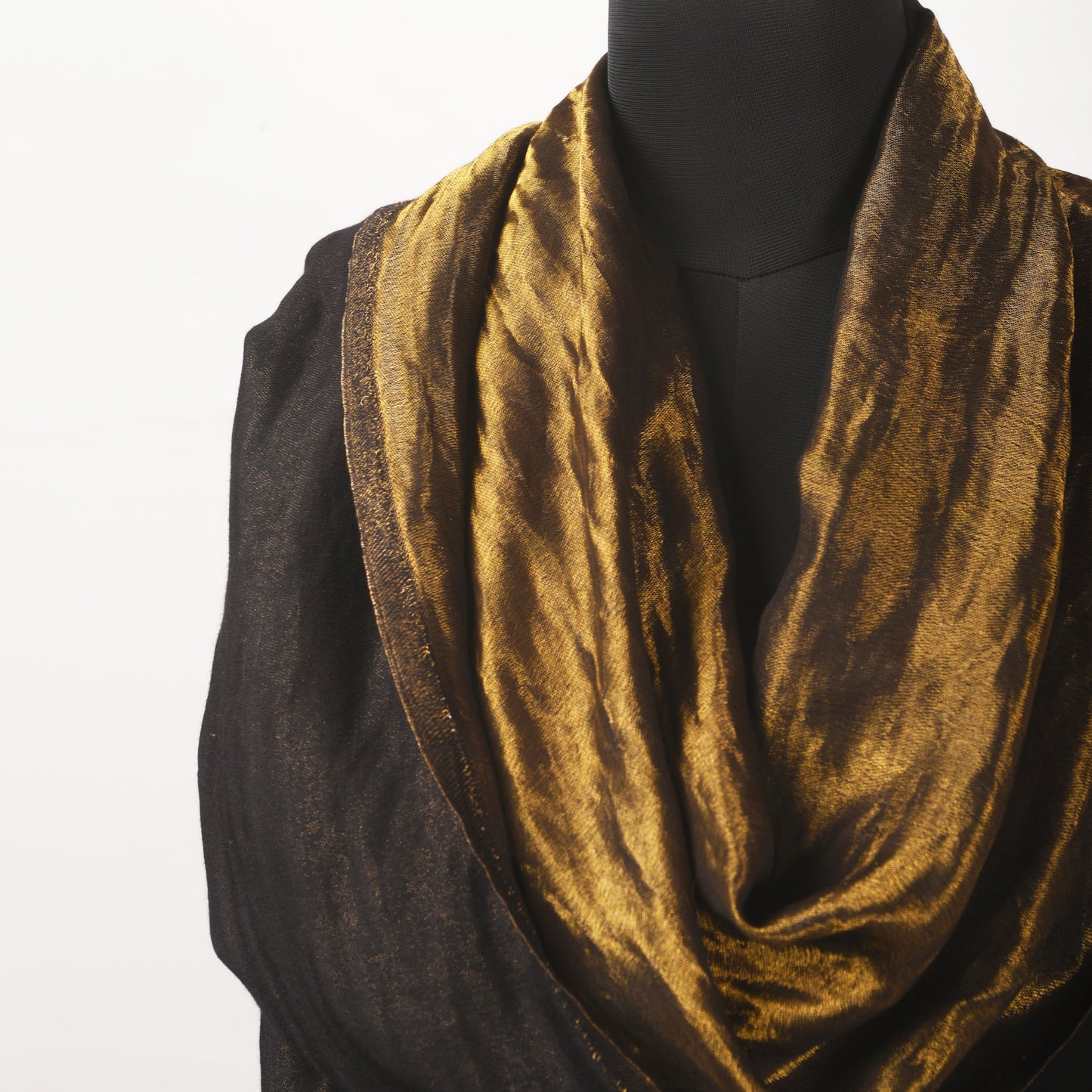 Black and gold fine wool and zari scarf, reversible stole