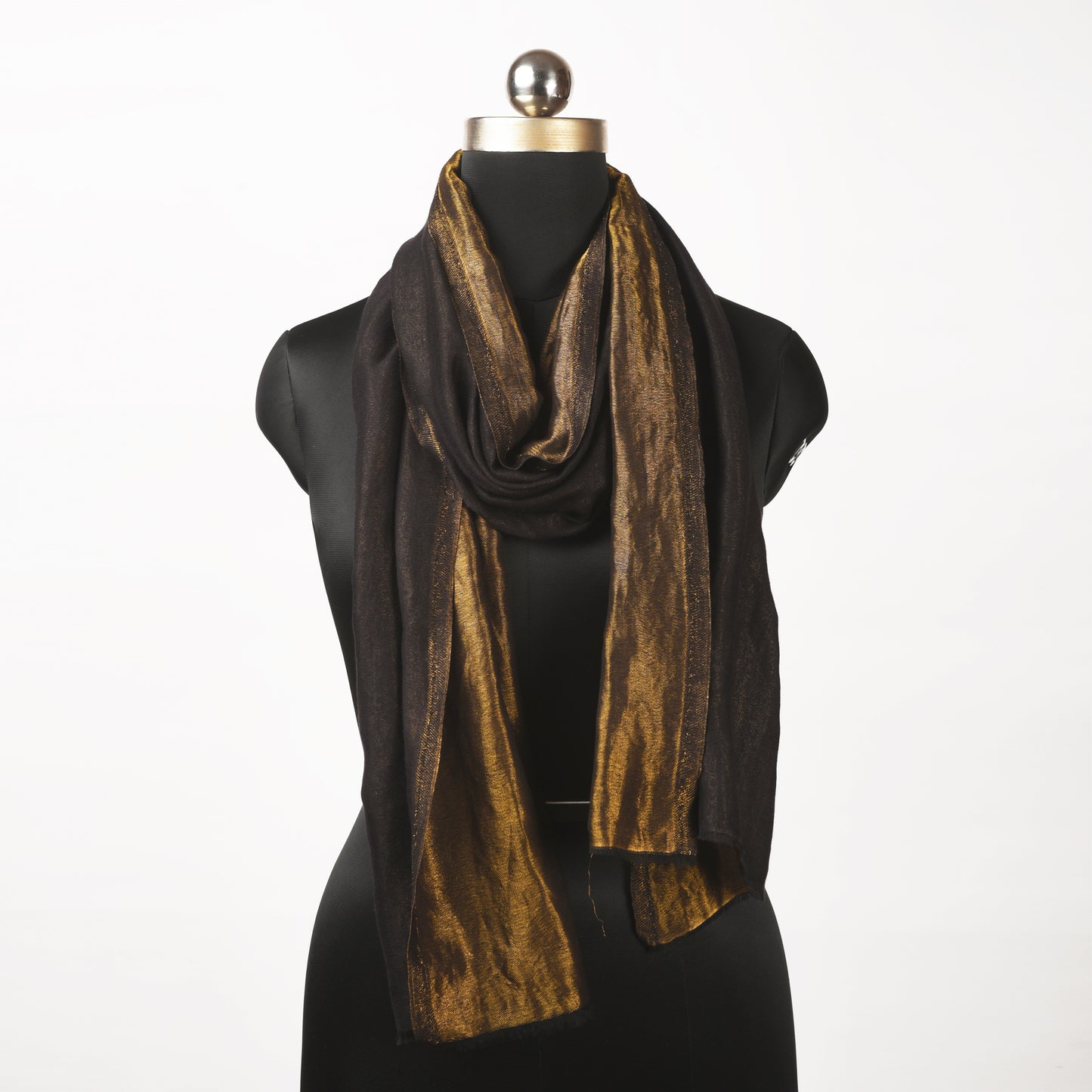 Black and gold fine wool and zari scarf, reversible stole