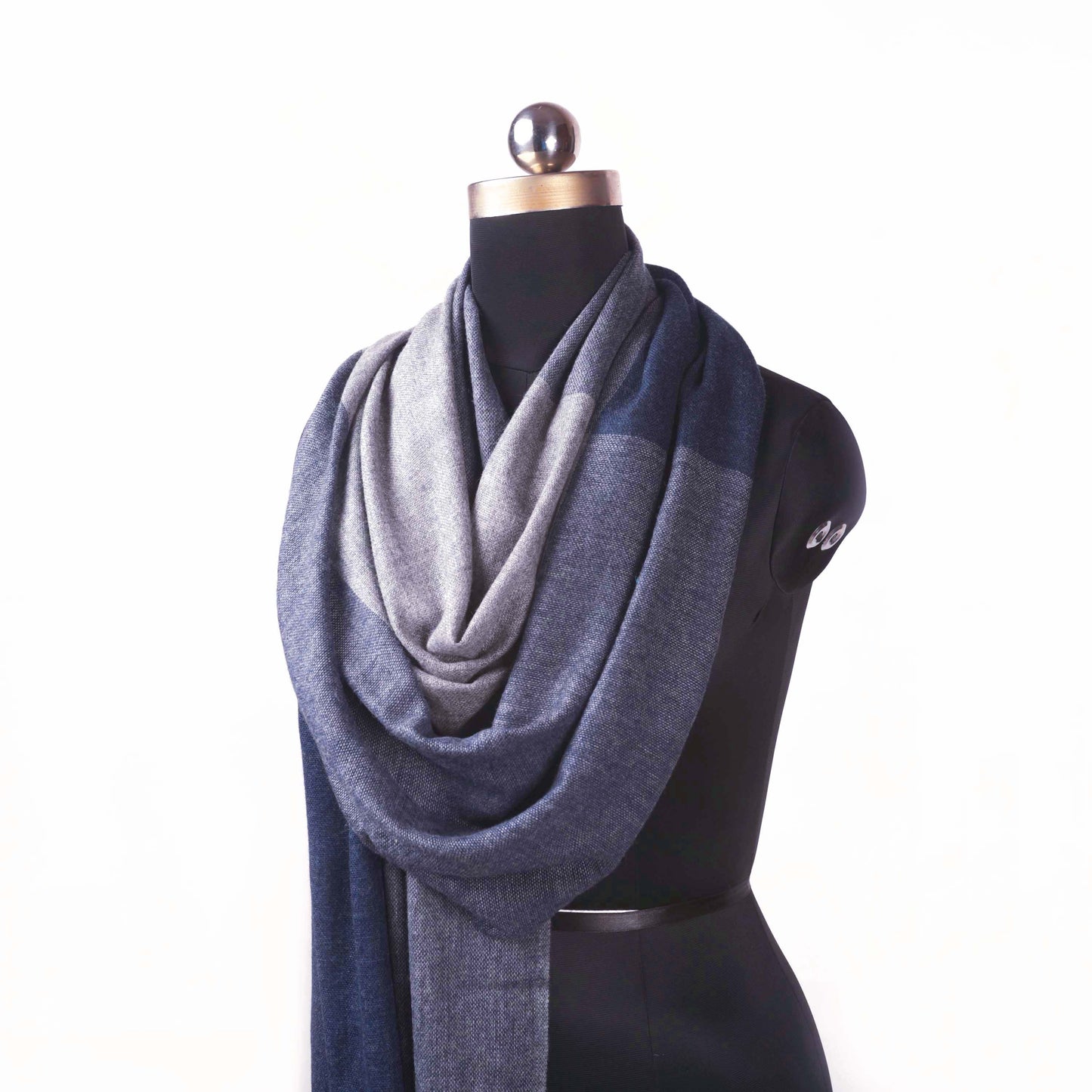 Dark blue and grey fine wool scarf, woven with four square pattern, reversible, gift for women