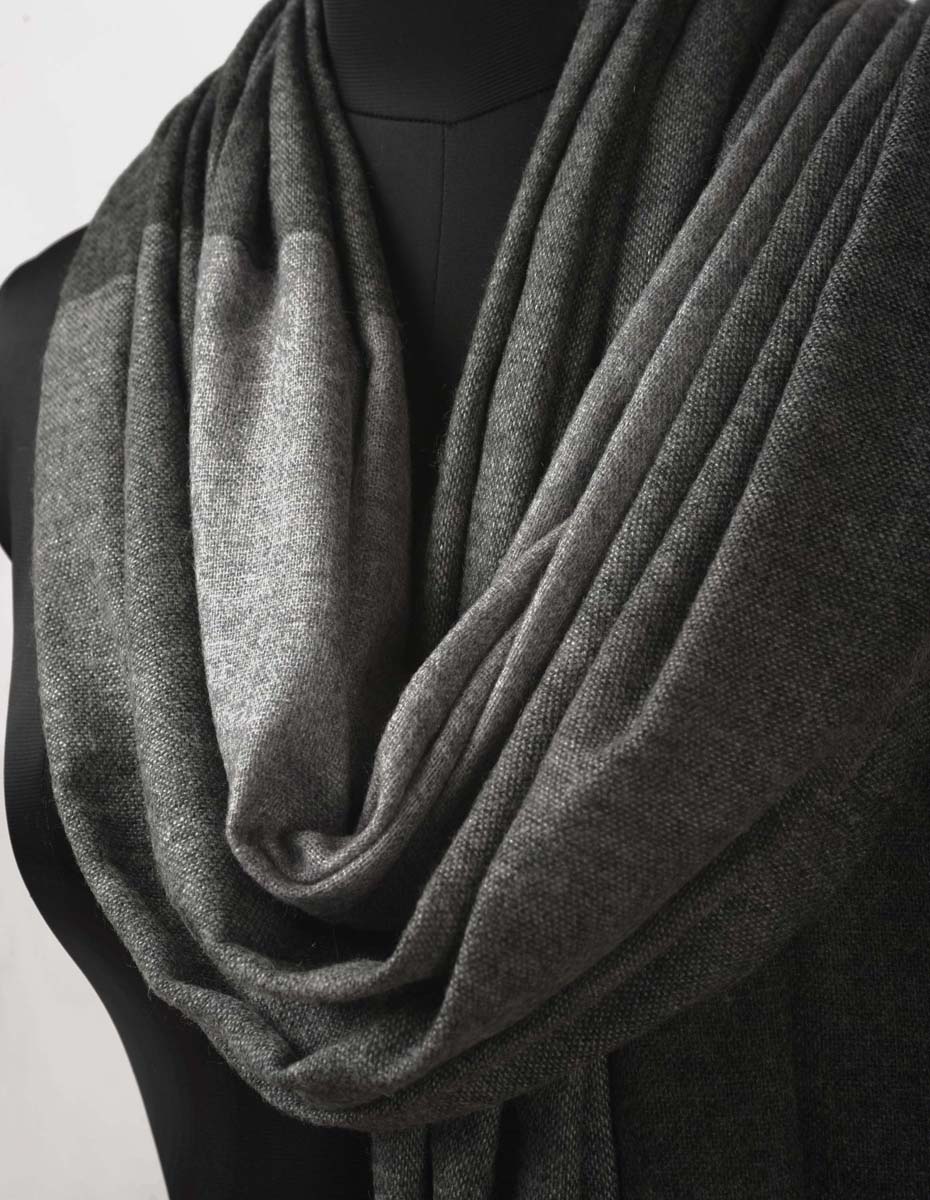 Back and grey fine wool scarf, woven with four square pattern, reversible, gift for women