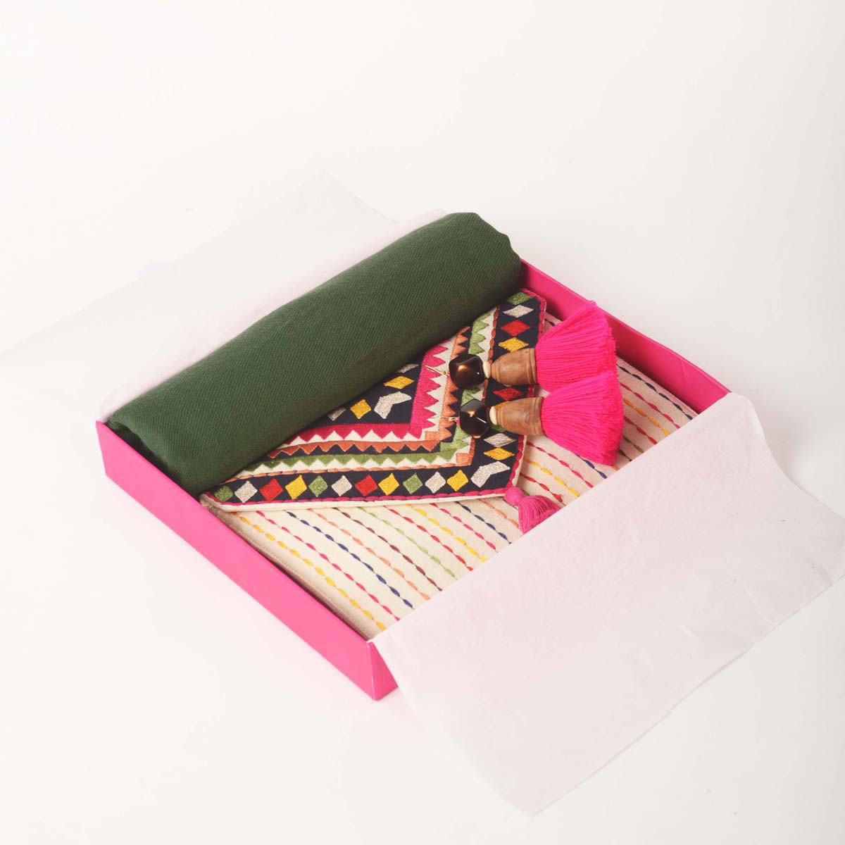 3 PC GIFT PACK - embroidered envelope clutch with earring and a coordinated green stole