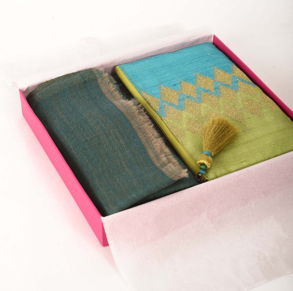 3 PC GIFT PACK - fine wool &amp; zari stole with silk embroidered clutch and twin threader earrings