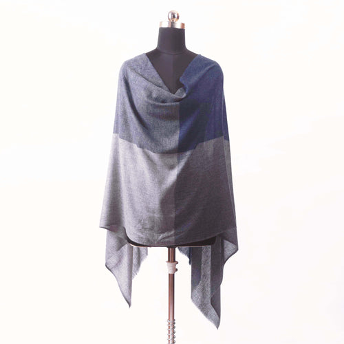 Dark blue and grey fine wool scarf, woven with four square pattern, reversible, gift for women