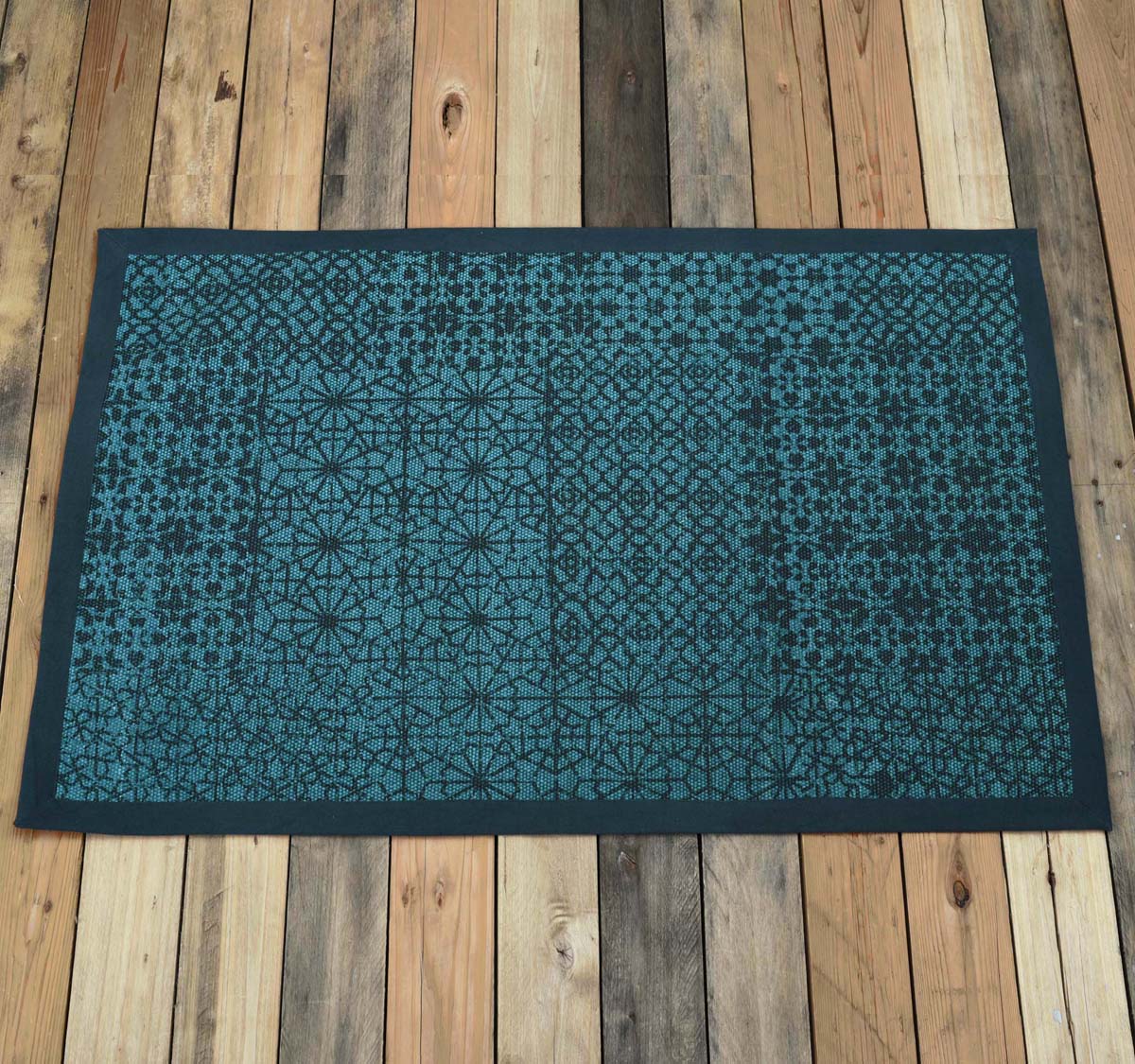 Cotton rug, teal colour geometric print, sizes available