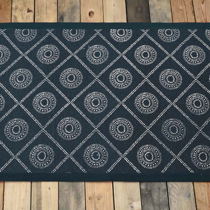 Cotton printed rug in indigo blue colour with geometric print