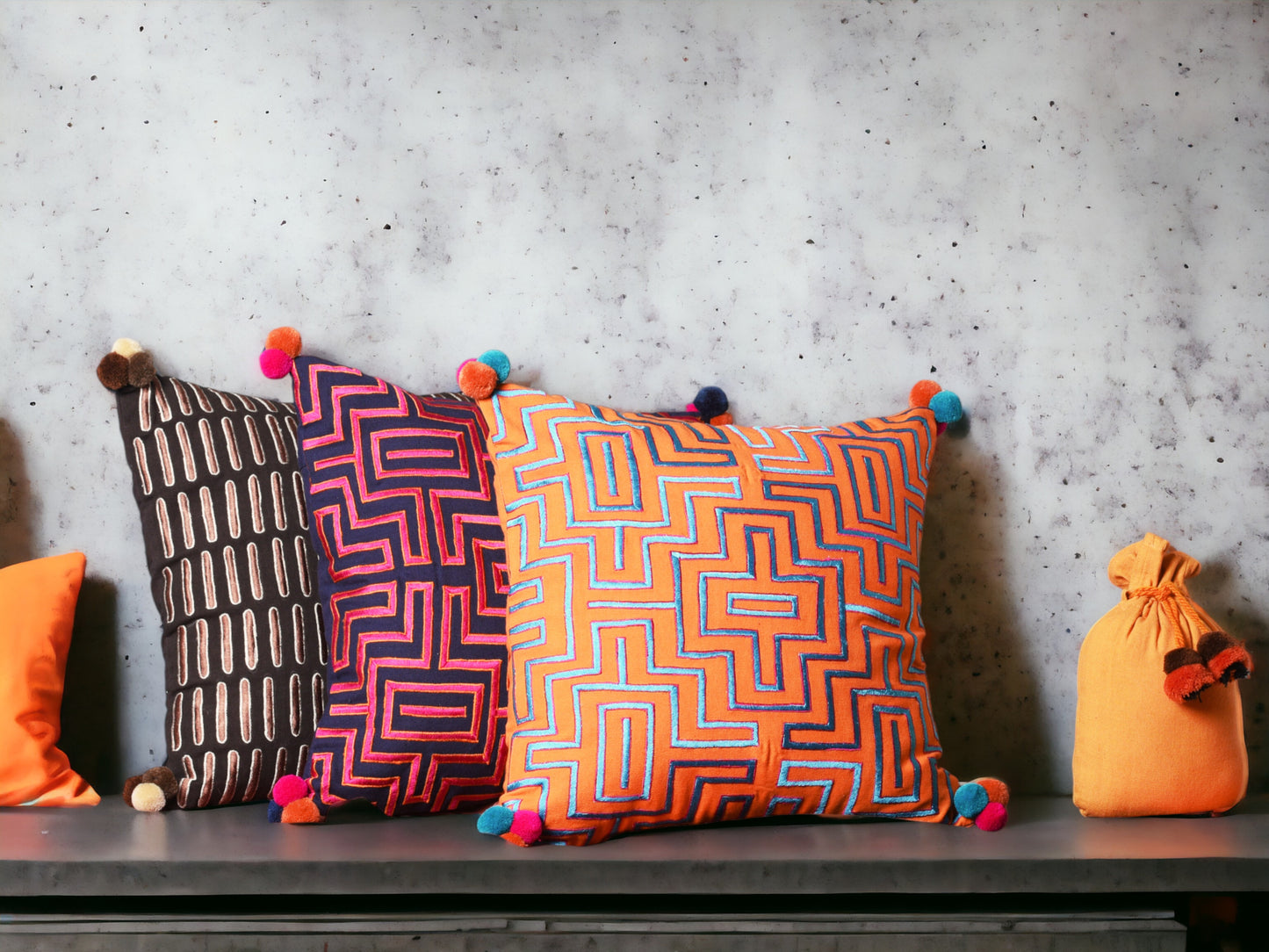 Mola Inspired Tangerine Orange Embroidered Cushion Cover – Blue & Pink Pompom Corners, 3 Sizes - Vliving