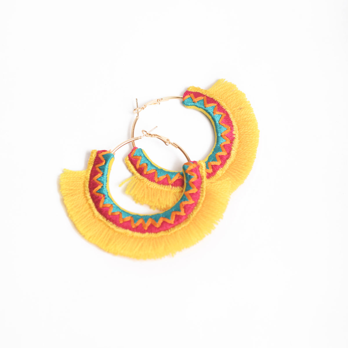 Yellow threader Hoops, Embroidered Bohemian tribal earrings