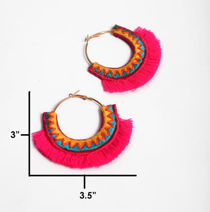 Hot Pink threader Hoops, Embroidered Bohemian tribal earrings