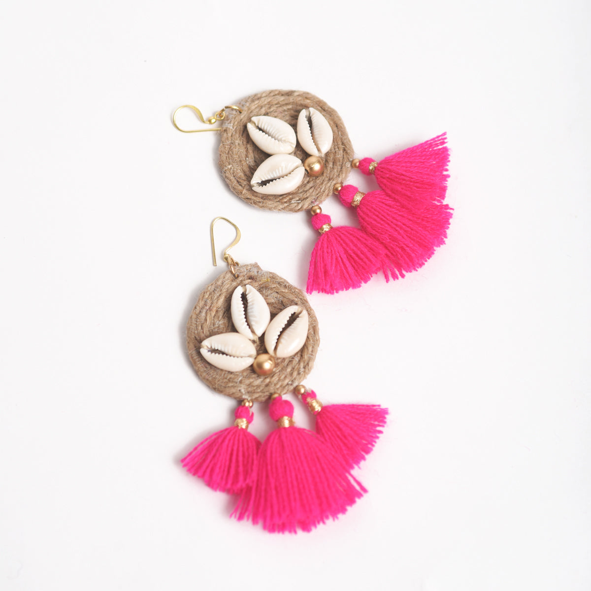 Hot pink tassel threader earrings with cowri shells and jute. Boho jewelry
