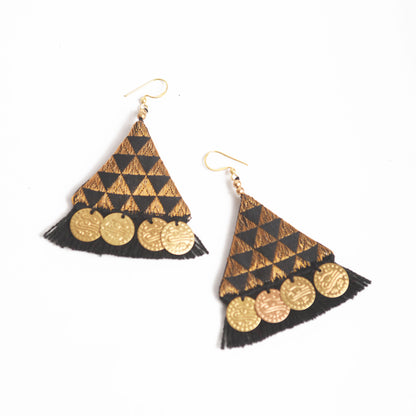 Black and gold brocade and threader earrings, Bohemian tribal earrings