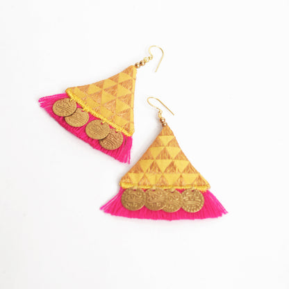 Yellow and gold brocade and threader earrings, Embroidered Bohemian tribal earrings