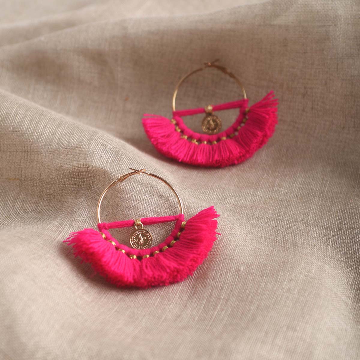 Hot Pink Hoops, threader earrings, Bohemian tribal earrings