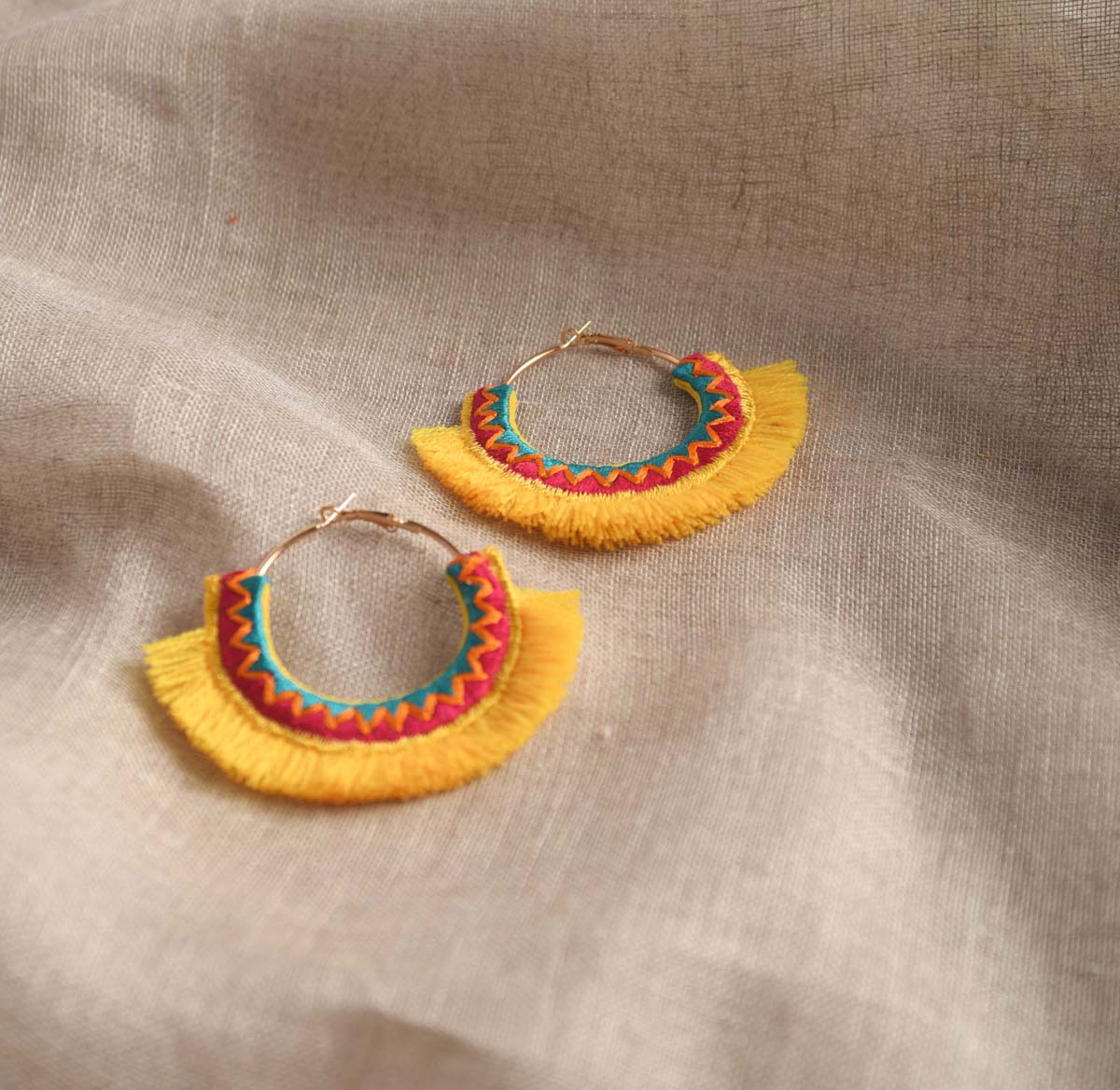 Yellow threader Hoops, Embroidered Bohemian tribal earrings
