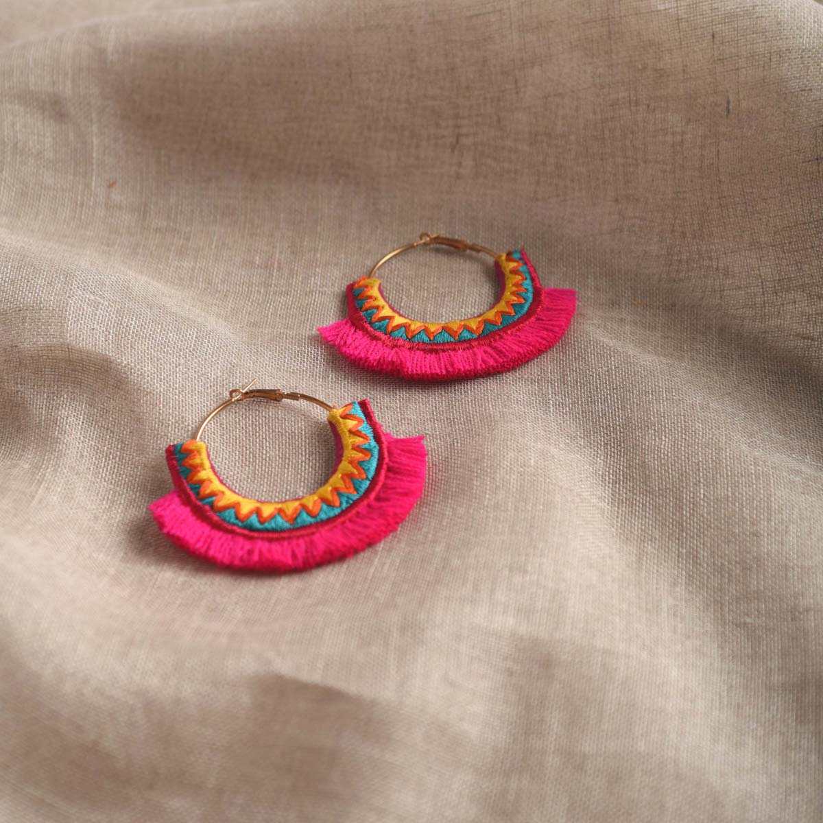Hot Pink threader Hoops, Embroidered Bohemian tribal earrings
