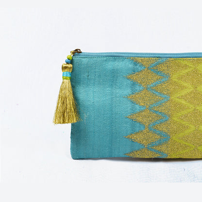 Ikat clutch - turquoise and green evening purse in pure silk with ikat like embroidery