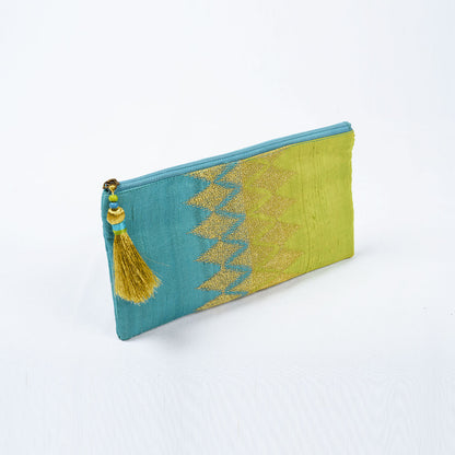 Ikat clutch - turquoise and green evening purse in pure silk with ikat like embroidery