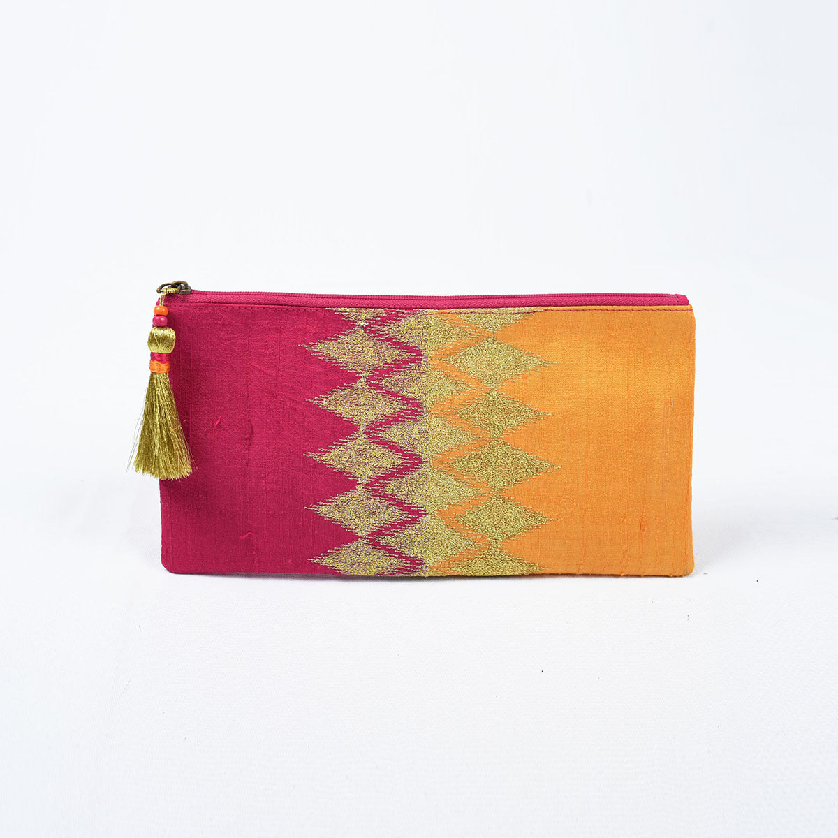 Ikat clutch - hot pink & orange evening purse in pure silk with ikat like embroidery in gold