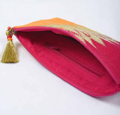 Ikat clutch - hot pink & orange evening purse in pure silk with ikat like embroidery in gold