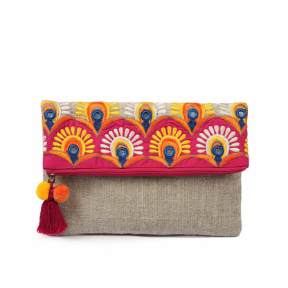 Foldover clutch, linen fabric handbag, embroidery, applique, boho bag