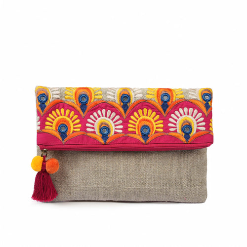 Foldover clutch, linen fabric handbag, embroidery, applique, boho bag