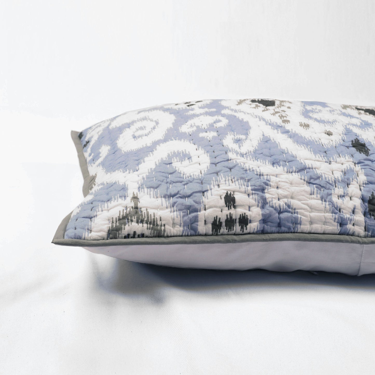 PILLOW SHAM KANTHA - Blue ikat print with stripe pattern quilting, sizes available