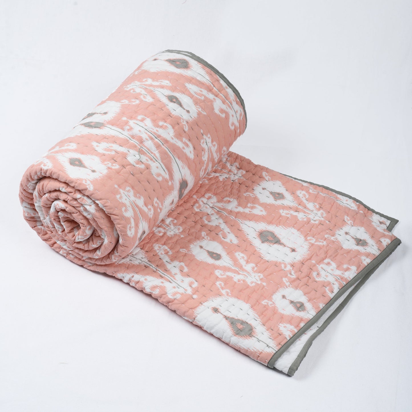 CORAL IKAT print Kantha quilt with stripe pattern quilting - sizes available