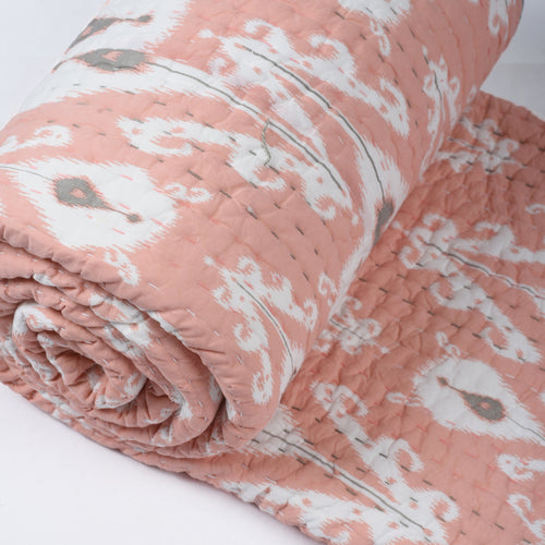 CORAL IKAT print Kantha quilt with stripe pattern quilting - sizes available