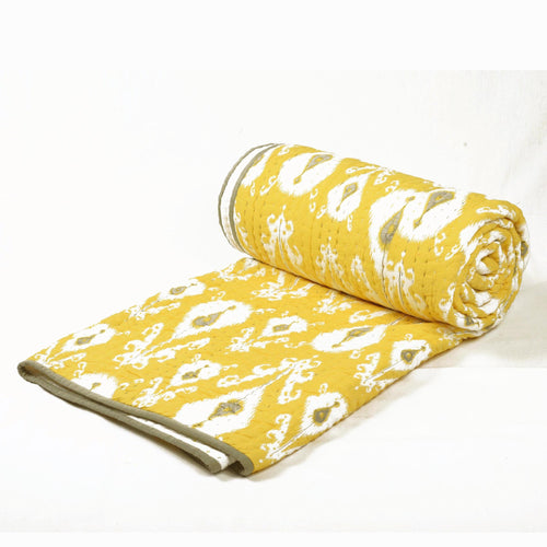 Yellow Ikat Print Kantha Quilt | Stripe Pattern Quilting | Twin, Queen & King Sizes