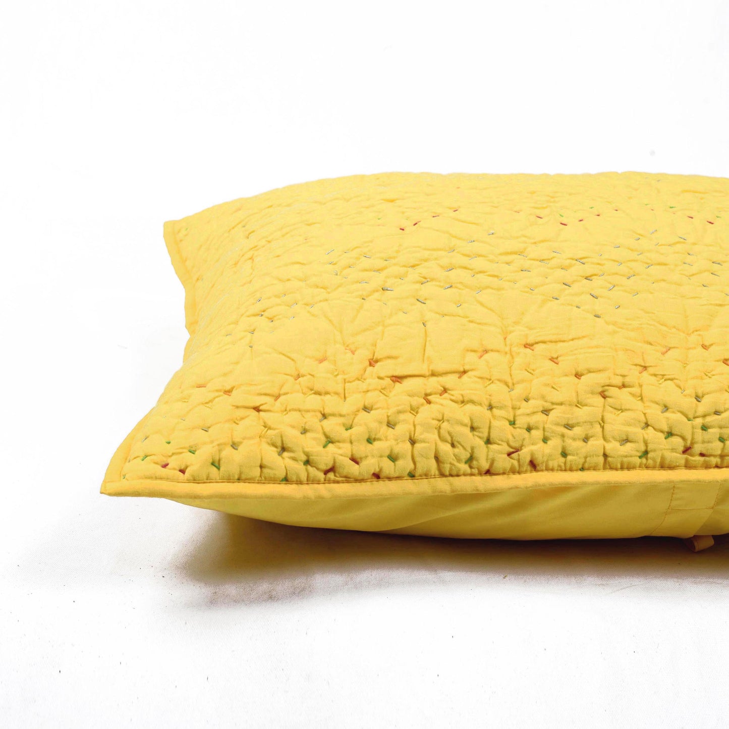 Yellow kantha quilted cotton pillow cover, chevron pattern, sizes available
