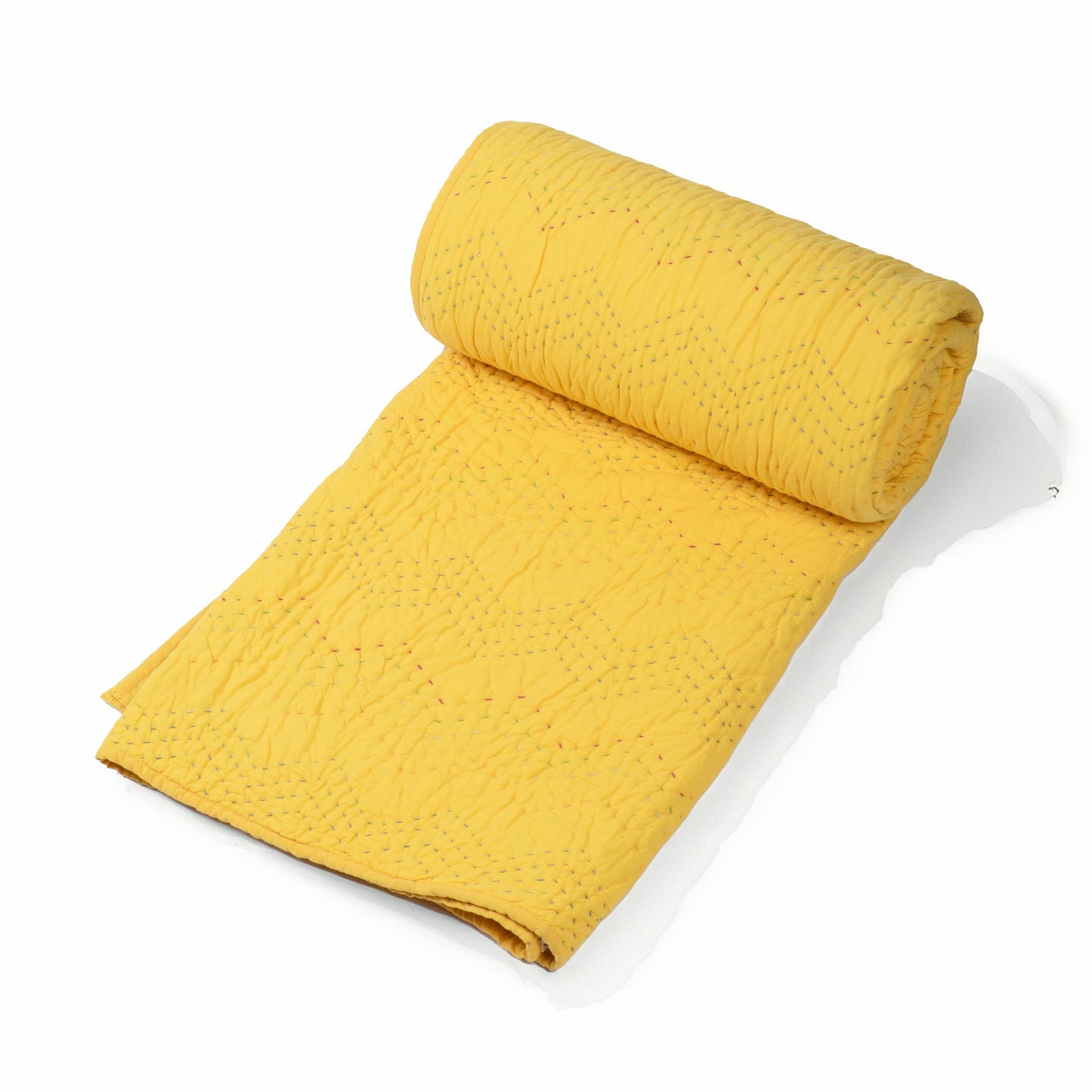 Yellow Kantha Quilt | Chevron Pattern Quilting | Twin, Queen & King Sizes