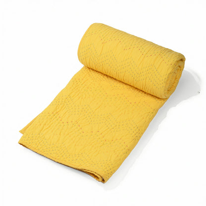 Yellow Kantha Quilt | Chevron Pattern Quilting | Twin, Queen & King Sizes