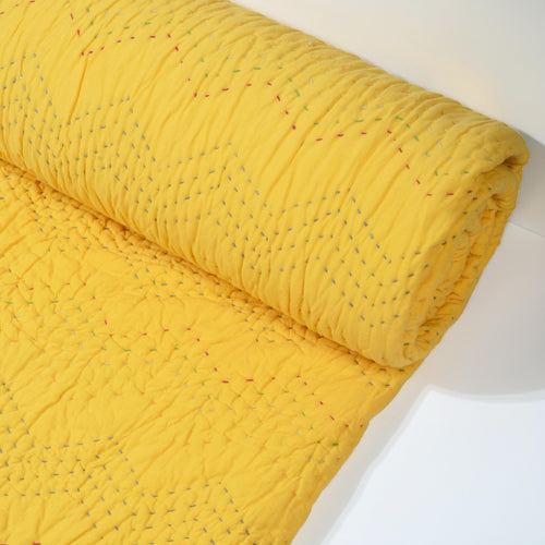 Yellow Kantha Quilt | Chevron Pattern Quilting | Twin, Queen & King Sizes