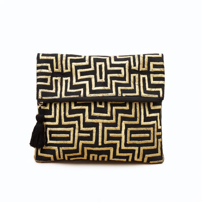 Mola - Black and gold embroidered foldover clutch