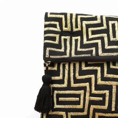 Mola - Black and gold embroidered foldover clutch