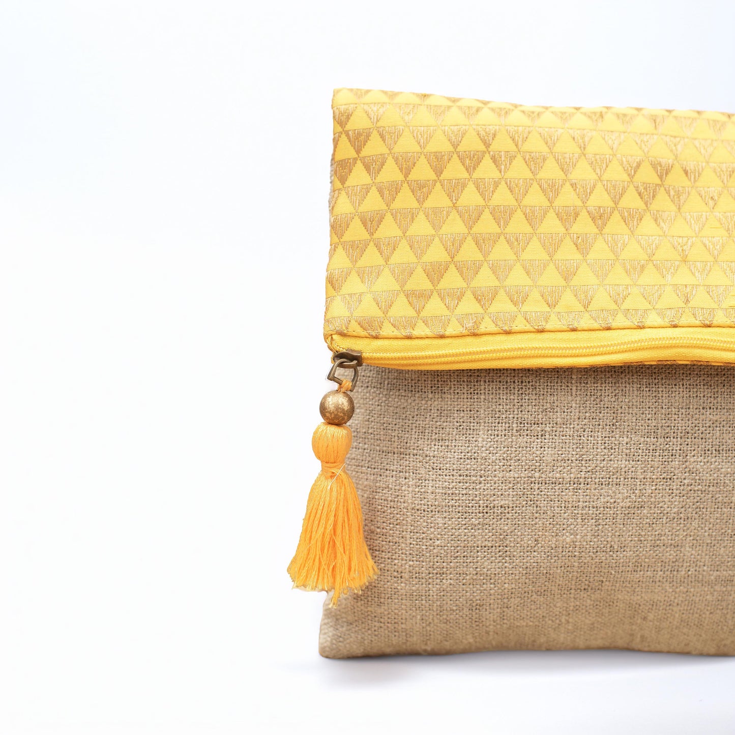 Linen and yellow brocade foldover clutch, bohemian look
