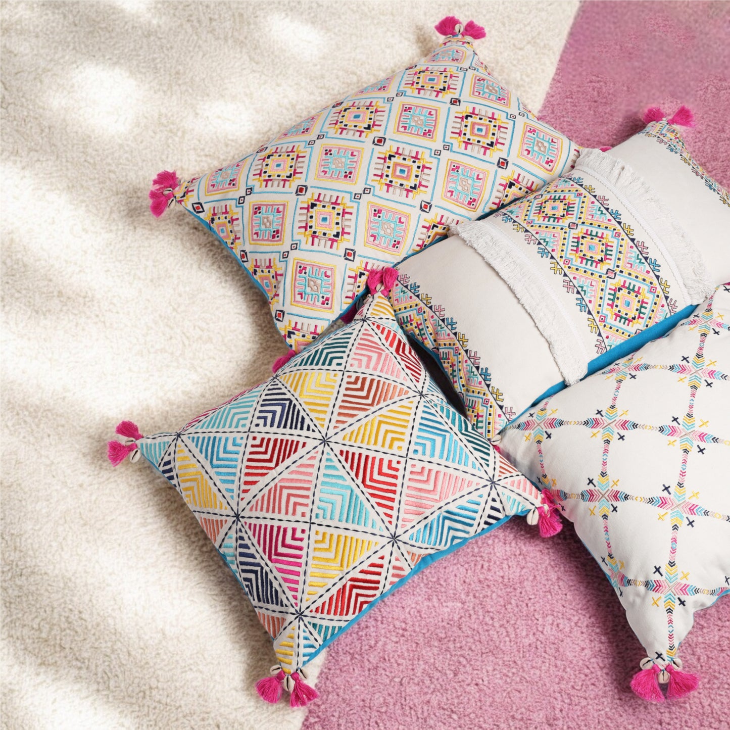 Banjara Embroidered Cushion Cover | Pastel Peruvian Boho Pillow | Handcrafted Cotton | 16×16 & 18×18"