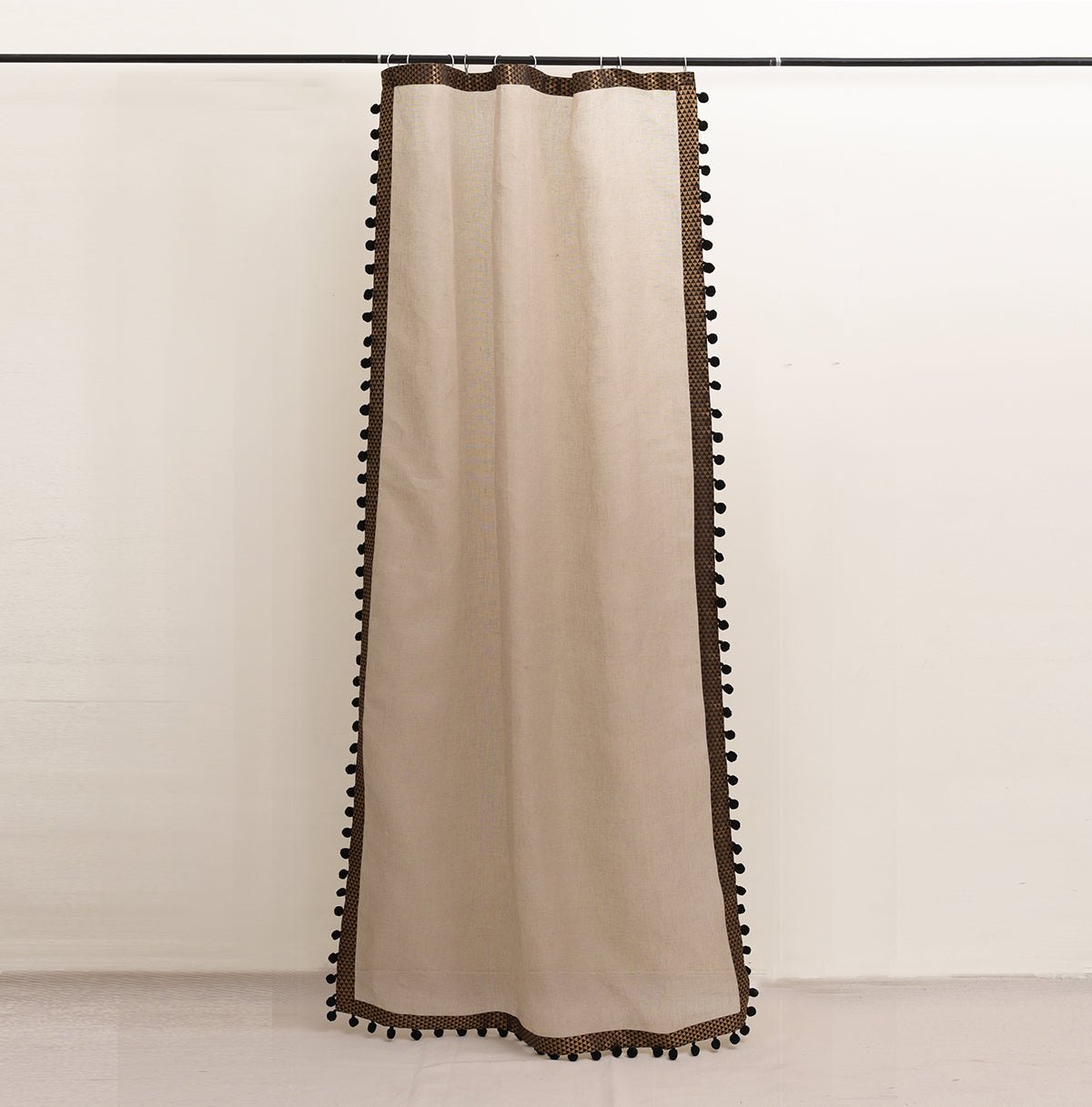 Linen curtain Panel, Sheer Drape, black brocade border, pompom lace, sizes available