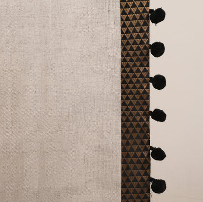 Linen curtain Panel, Sheer Drape, black brocade border, pompom lace, sizes available